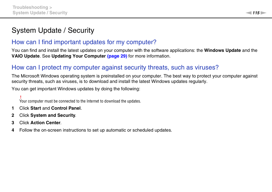 System update / security, How can i find important updates for my computer | Sony VPCEE45FX User Manual | Page 115 / 151