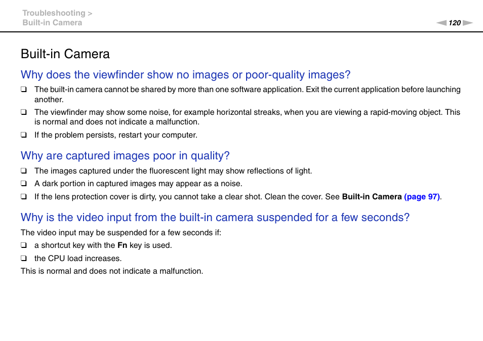 Built-in camera, Why are captured images poor in quality | Sony VPCEE45FX User Manual | Page 120 / 151