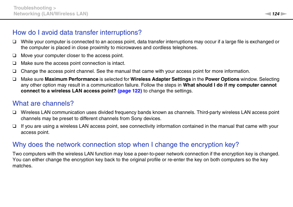 How do i avoid data transfer interruptions, What are channels | Sony VPCEE45FX User Manual | Page 124 / 151