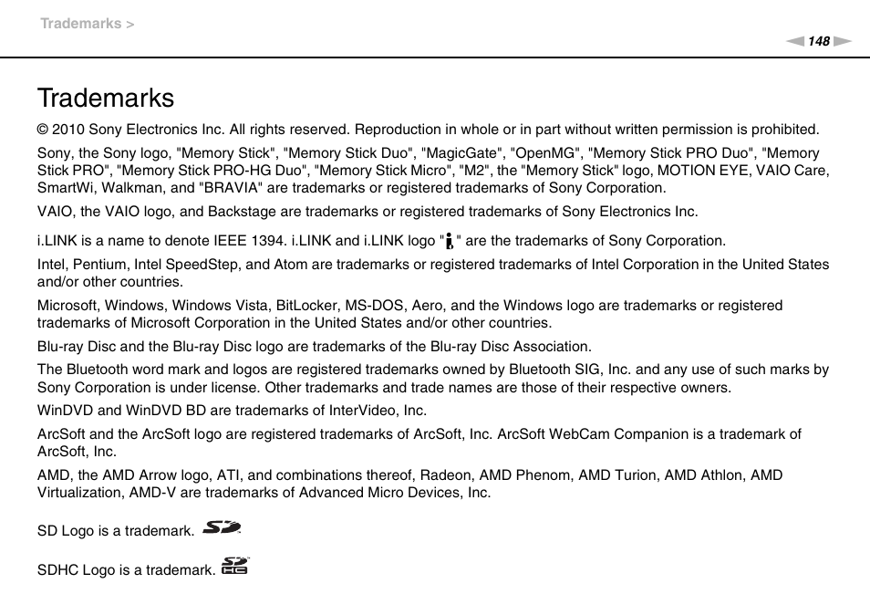 Trademarks | Sony VPCEE45FX User Manual | Page 148 / 151