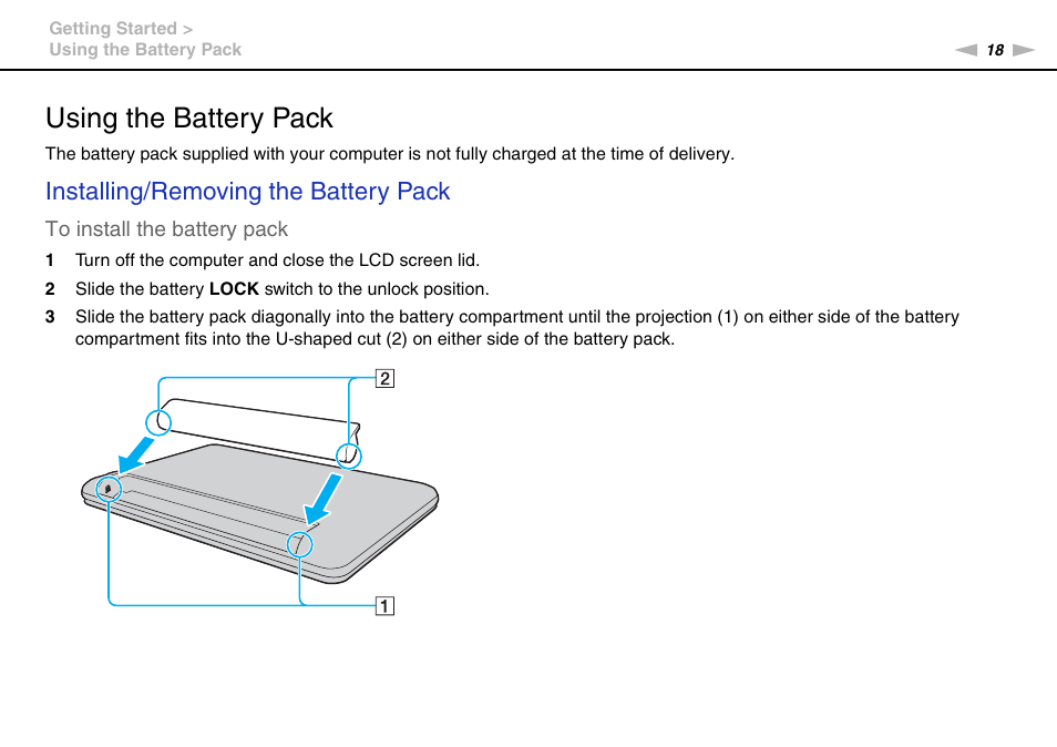 Using the battery pack, Installing/removing the battery pack | Sony VPCEE45FX User Manual | Page 18 / 151