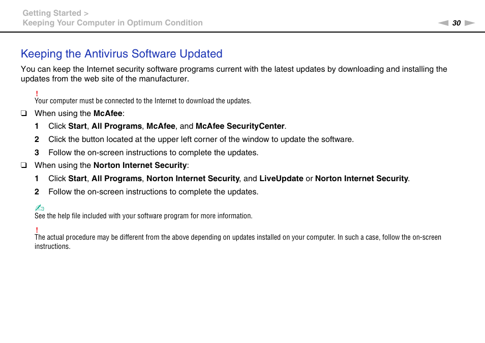 Keeping the antivirus software updated | Sony VPCEE45FX User Manual | Page 30 / 151