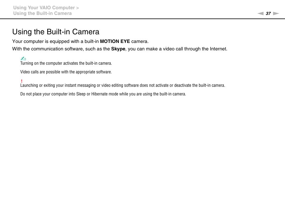 Using the built-in camera | Sony VPCEE45FX User Manual | Page 37 / 151