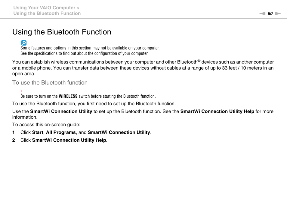 Using the bluetooth function, Tion | Sony VPCEE45FX User Manual | Page 60 / 151