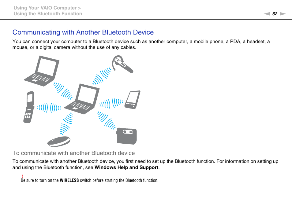 Communicating with another bluetooth device | Sony VPCEE45FX User Manual | Page 62 / 151