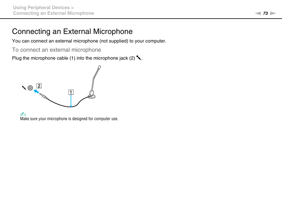 Connecting an external microphone | Sony VPCEE45FX User Manual | Page 73 / 151