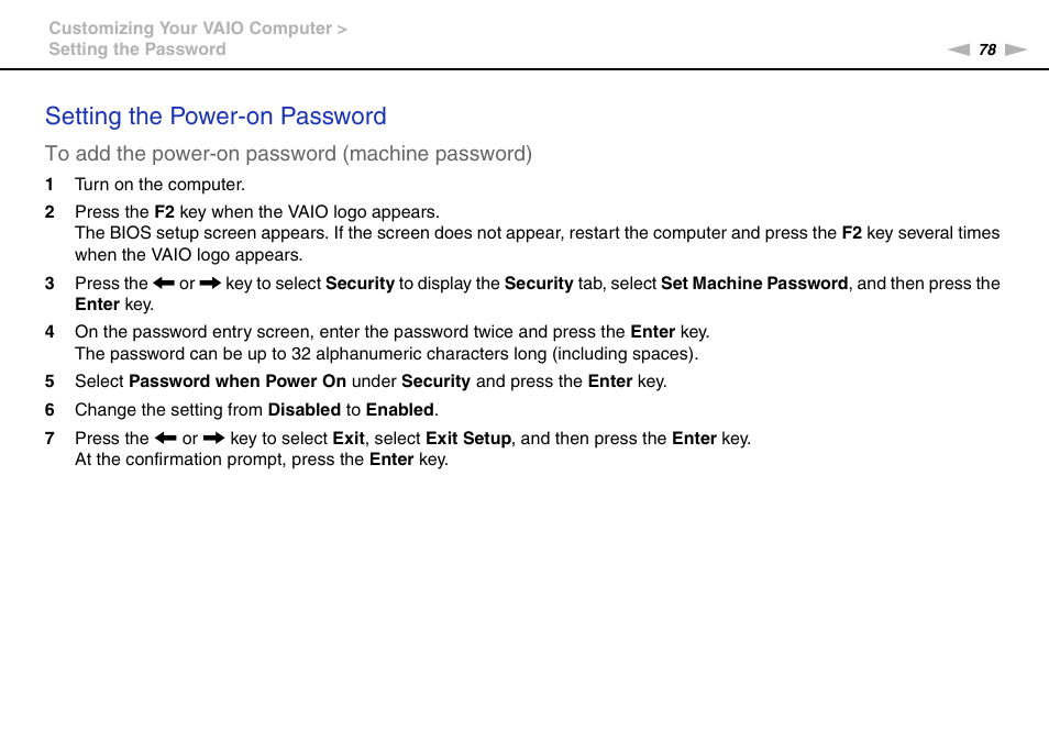 Setting the power-on password | Sony VPCEE45FX User Manual | Page 78 / 151