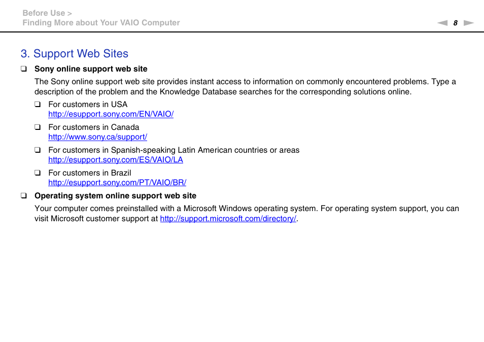 Support web sites | Sony VPCEE45FX User Manual | Page 8 / 151