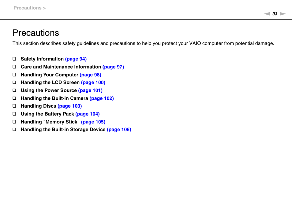 Precautions | Sony VPCEE45FX User Manual | Page 93 / 151