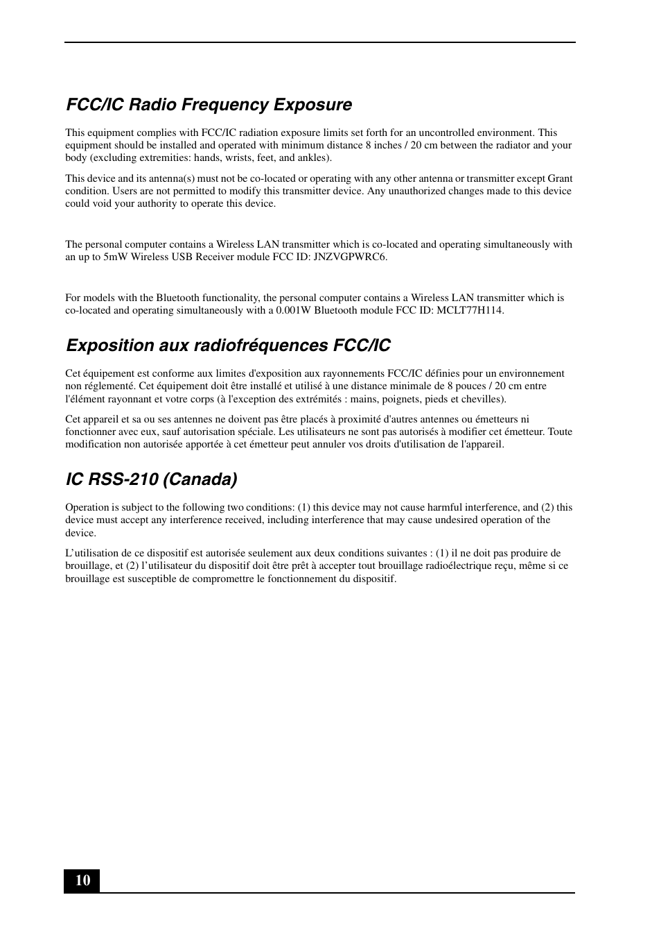 Fcc/ic radio frequency exposure, Exposition aux radiofréquences fcc/ic, Ic rss-210 (canada) | Sony VPCJ114FX User Manual | Page 10 / 20