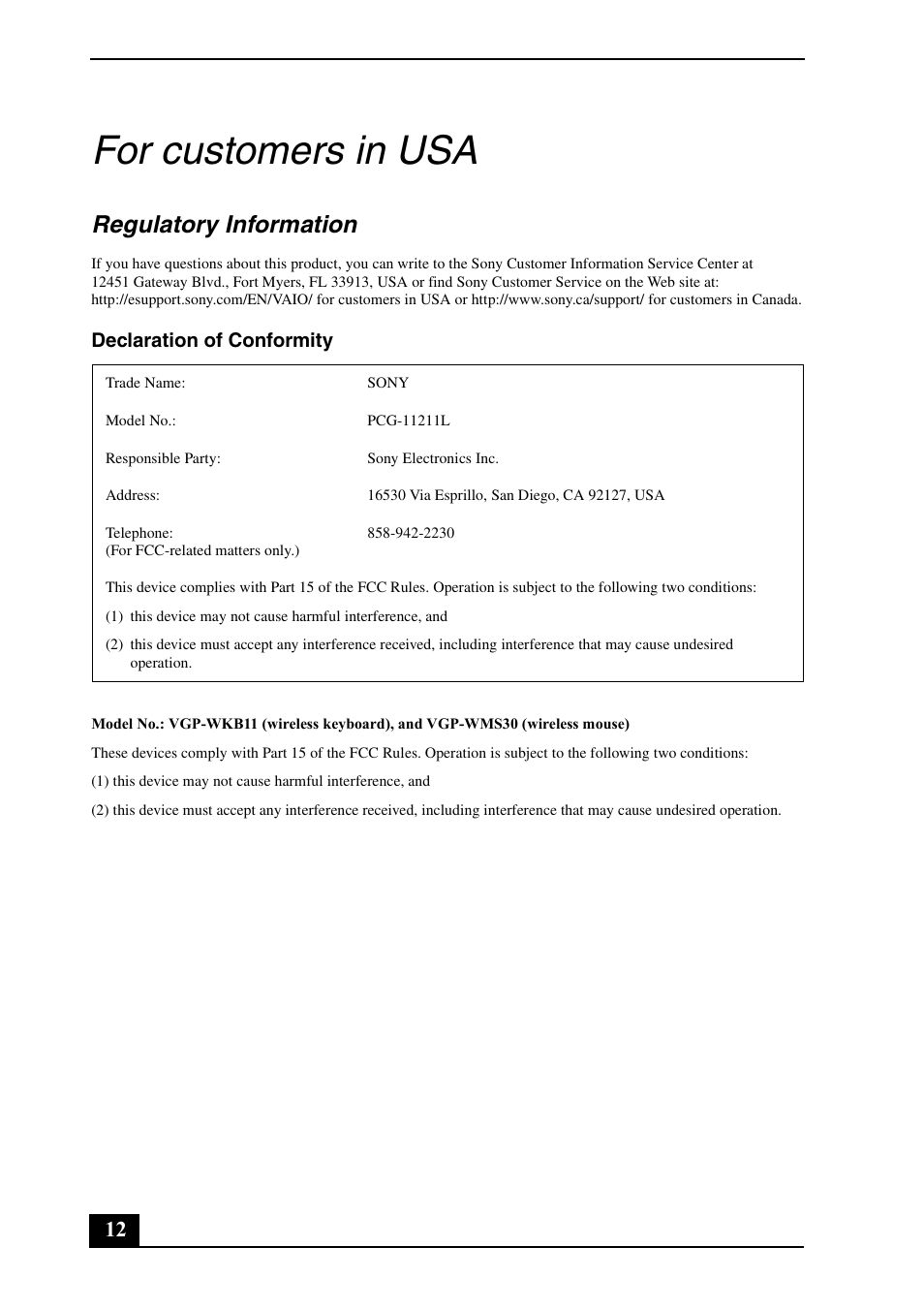 For customers in usa, Regulatory information | Sony VPCJ114FX User Manual | Page 12 / 20