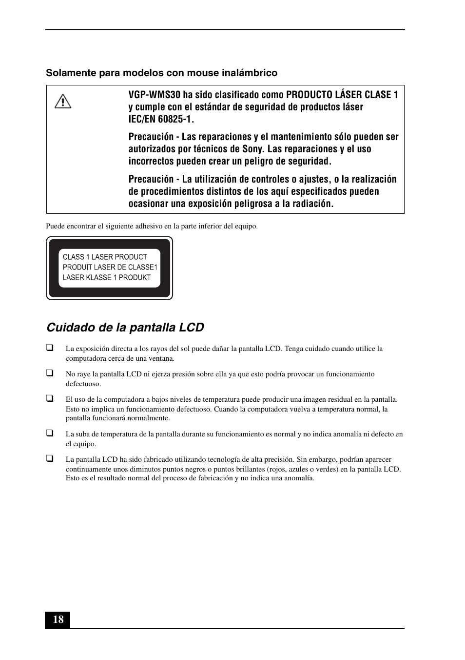 Cuidado de la pantalla lcd | Sony VPCJ114FX User Manual | Page 18 / 20