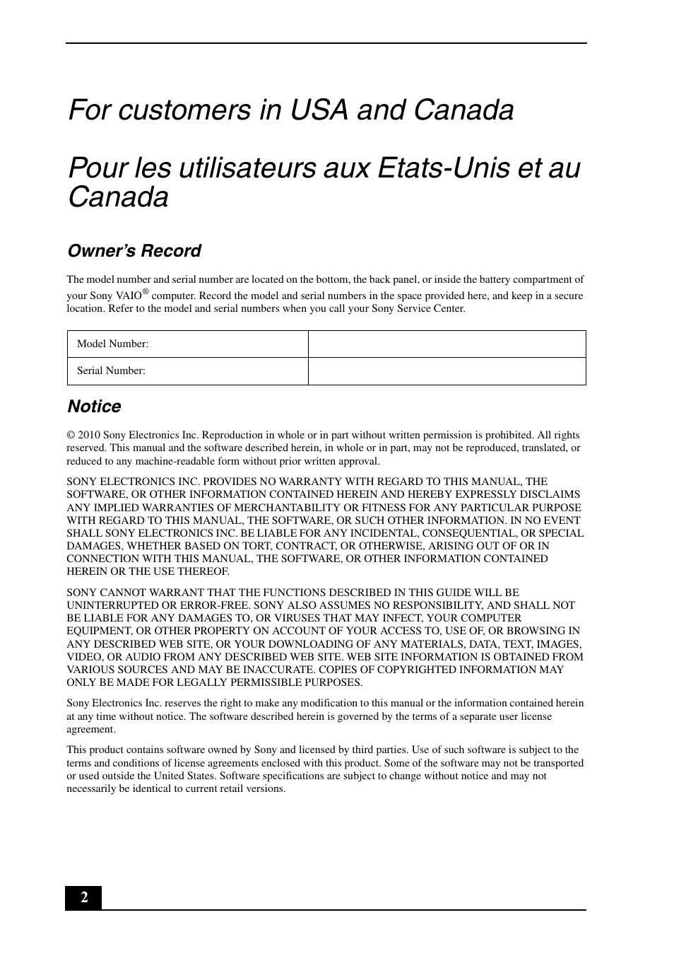 Owner’s record, Notice | Sony VPCJ114FX User Manual | Page 2 / 20