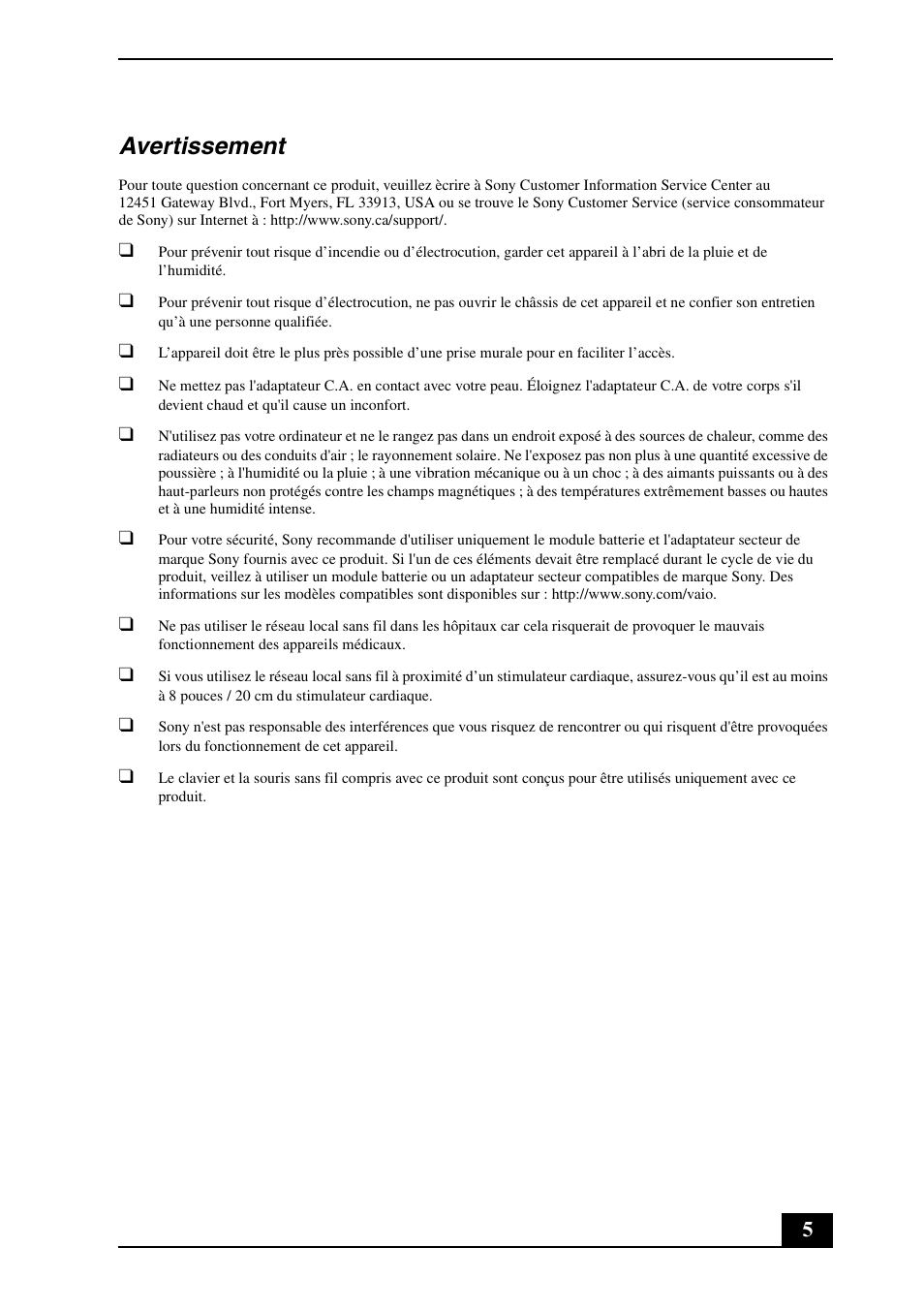 Avertissement | Sony VPCJ114FX User Manual | Page 5 / 20