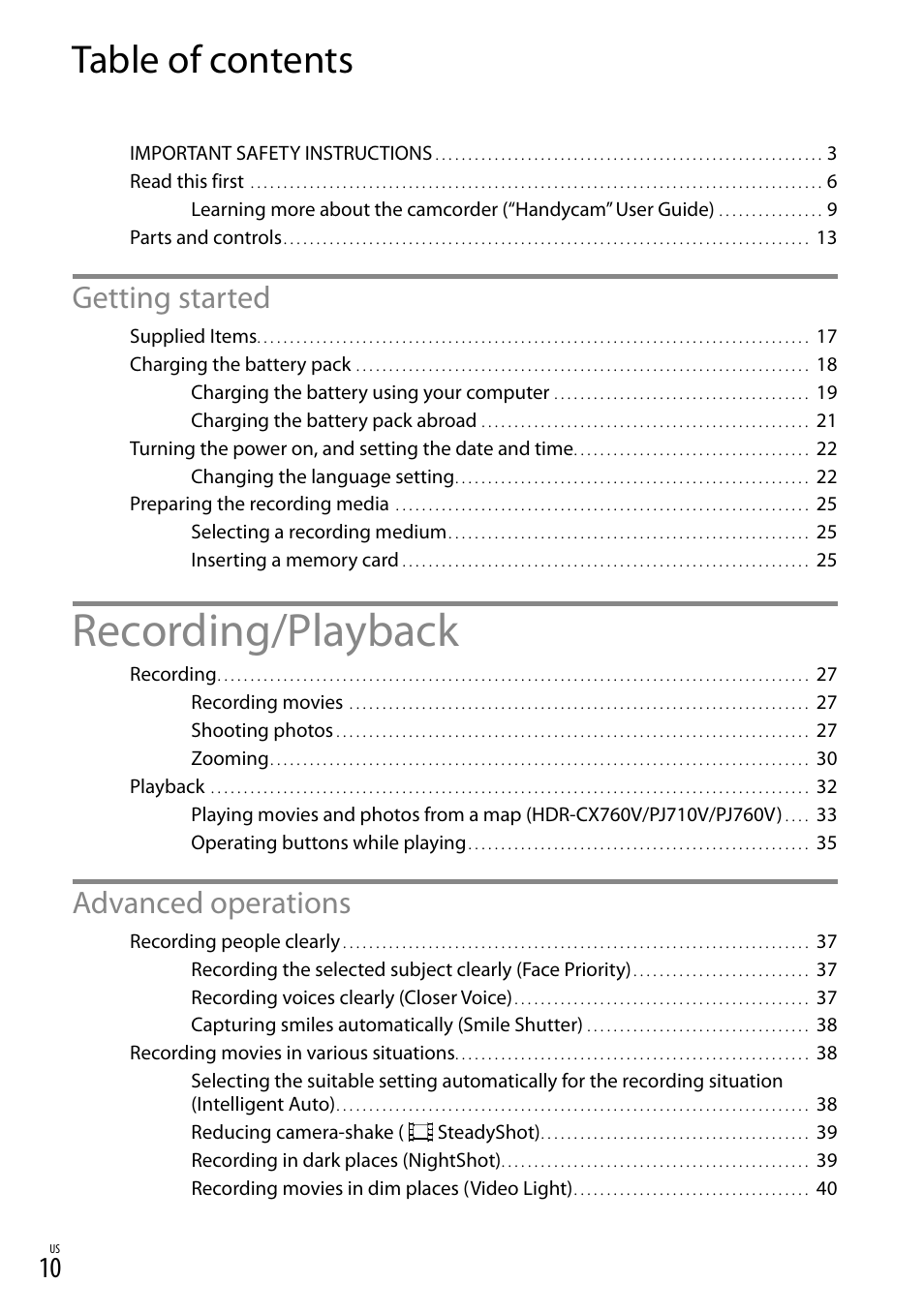 Sony HDR-PJ710V User Manual | Page 10 / 191