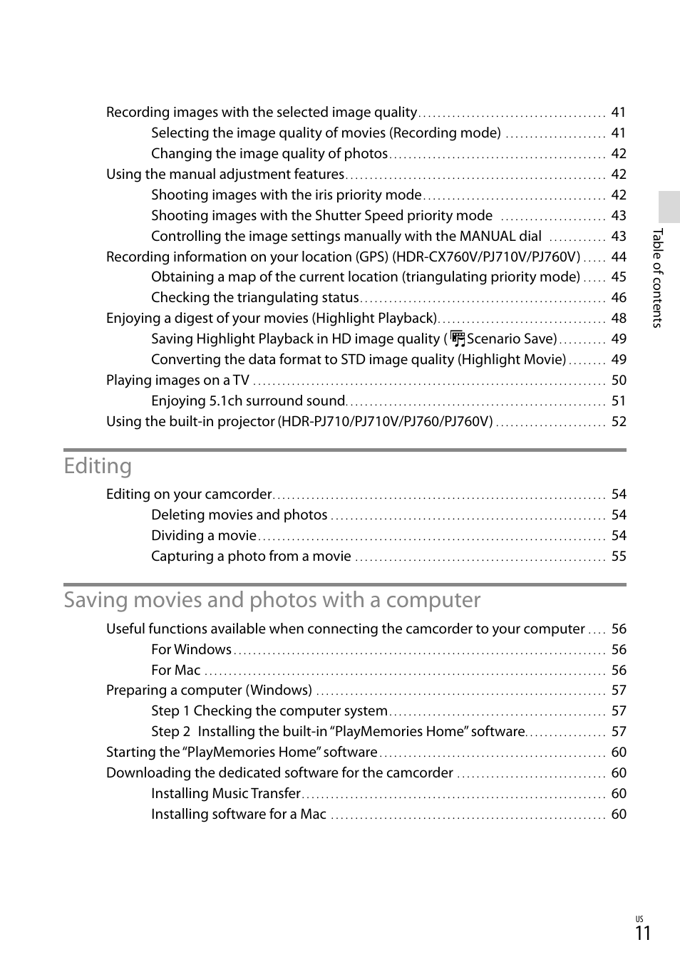 Editing, Saving movies and photos with a computer | Sony HDR-PJ710V User Manual | Page 11 / 191