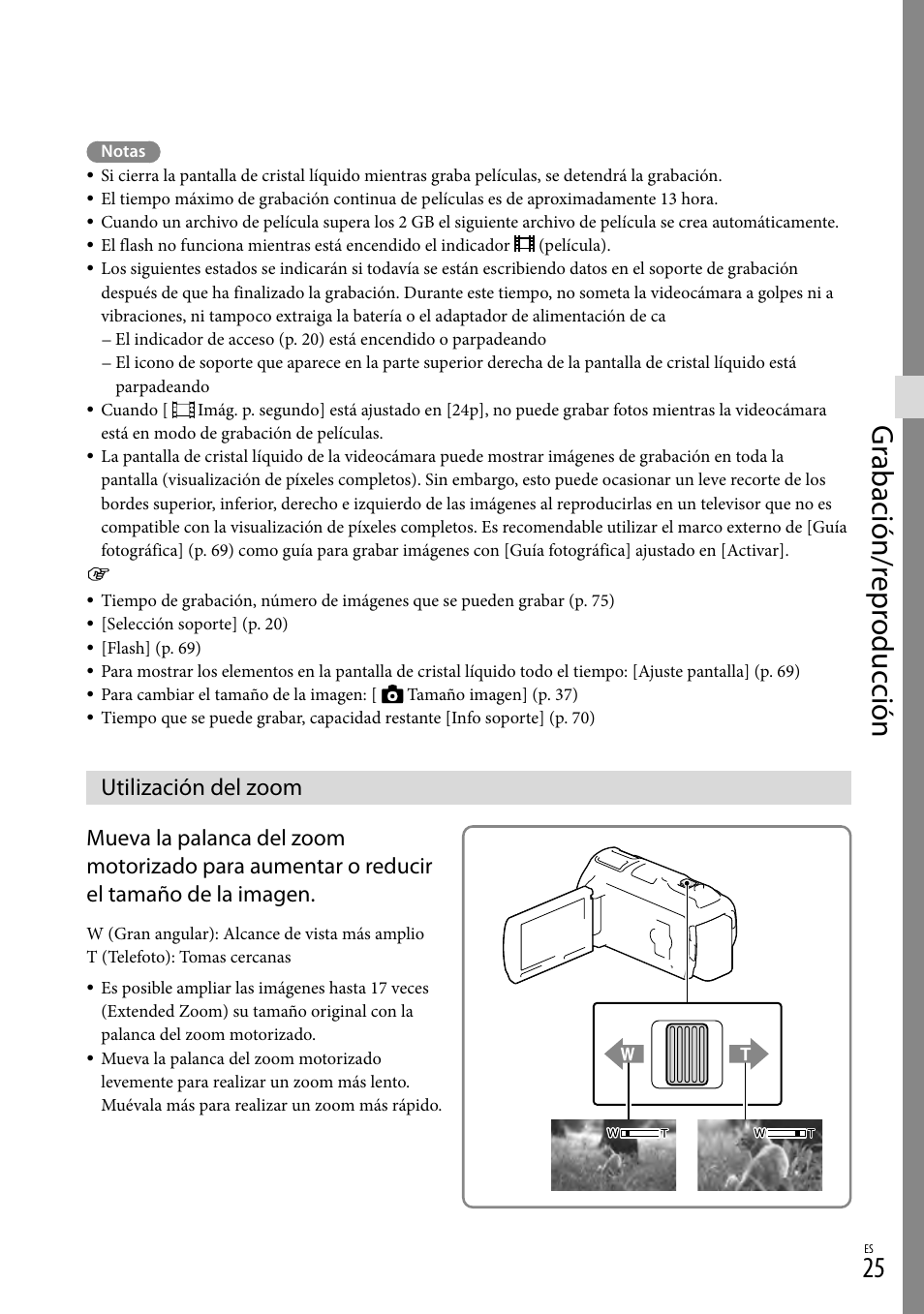 Utilización del zoom, Izado (25), Gr abación/r epr oduc ción | Sony HDR-PJ710V User Manual | Page 119 / 191