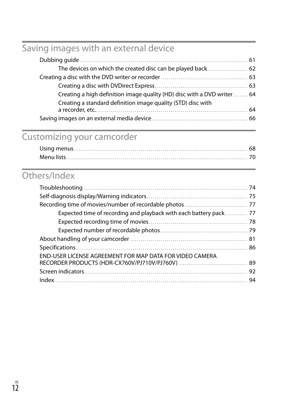 Saving images with an external device, Customizing your camcorder, Others/index | Sony HDR-PJ710V User Manual | Page 12 / 191