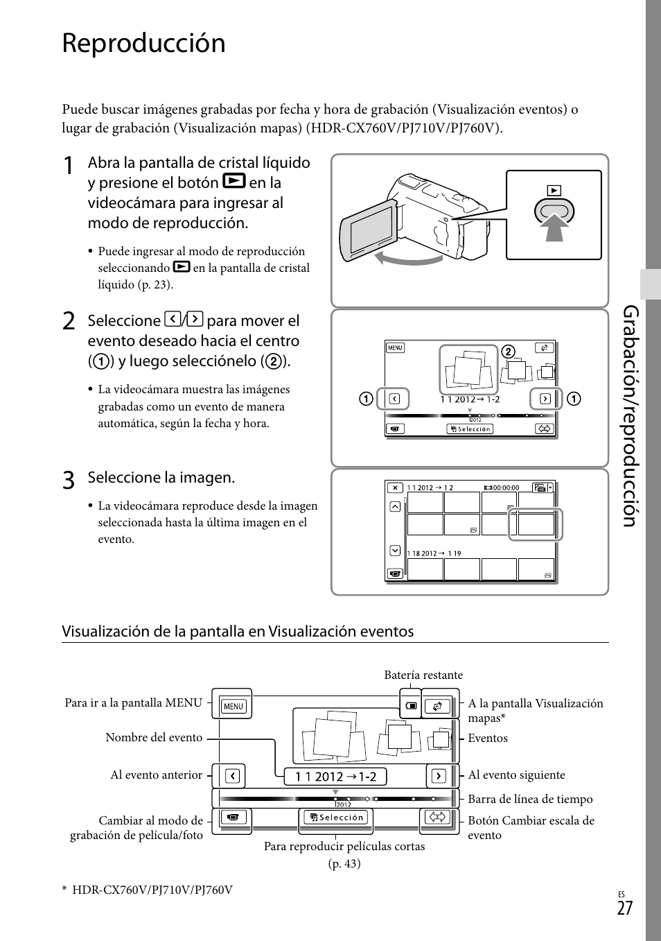 Reproducción, Al index (27), Es (27) | Gr abación/r epr oduc ción | Sony HDR-PJ710V User Manual | Page 121 / 191