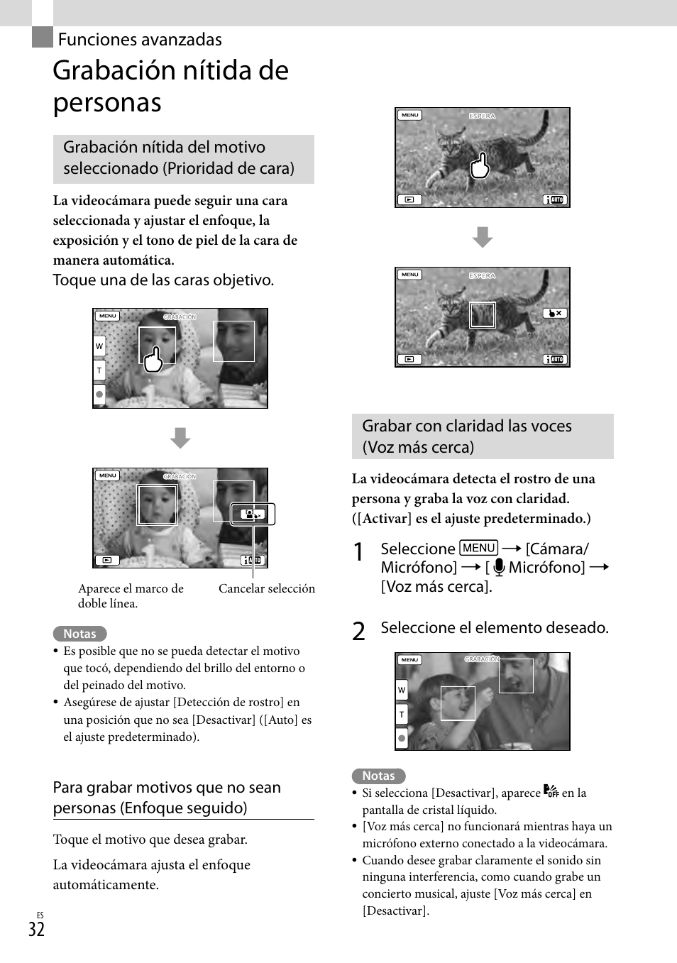 Funciones avanzadas, Grabación nítida de personas, Grabar con claridad las voces (voz más cerca) | Ue (32) | Sony HDR-PJ710V User Manual | Page 126 / 191