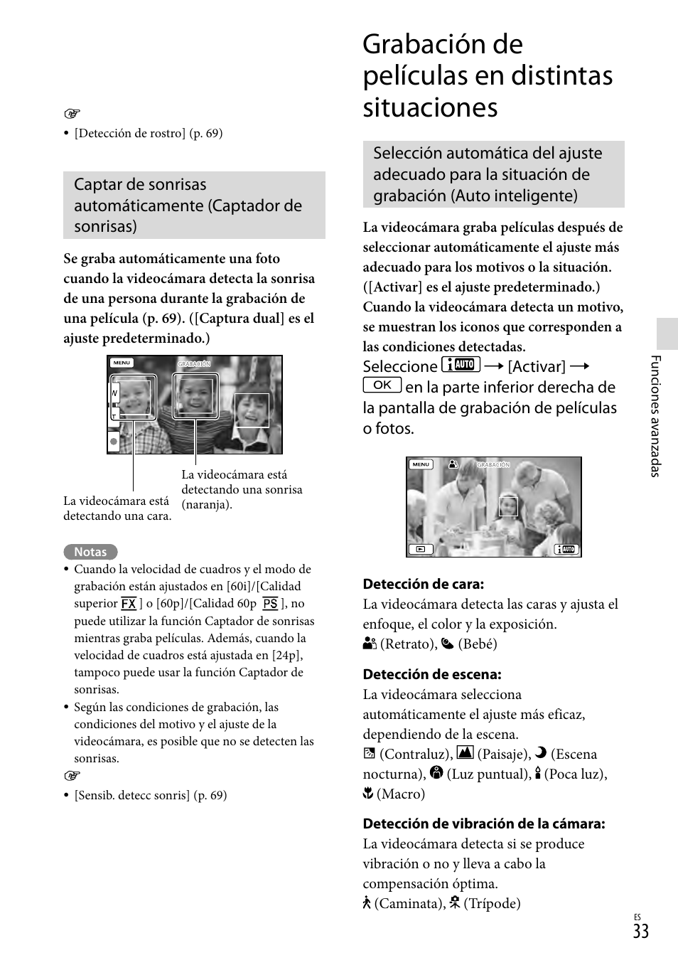 Grabación de películas en distintas situaciones, Auto inteligente), E (33) | Sony HDR-PJ710V User Manual | Page 127 / 191