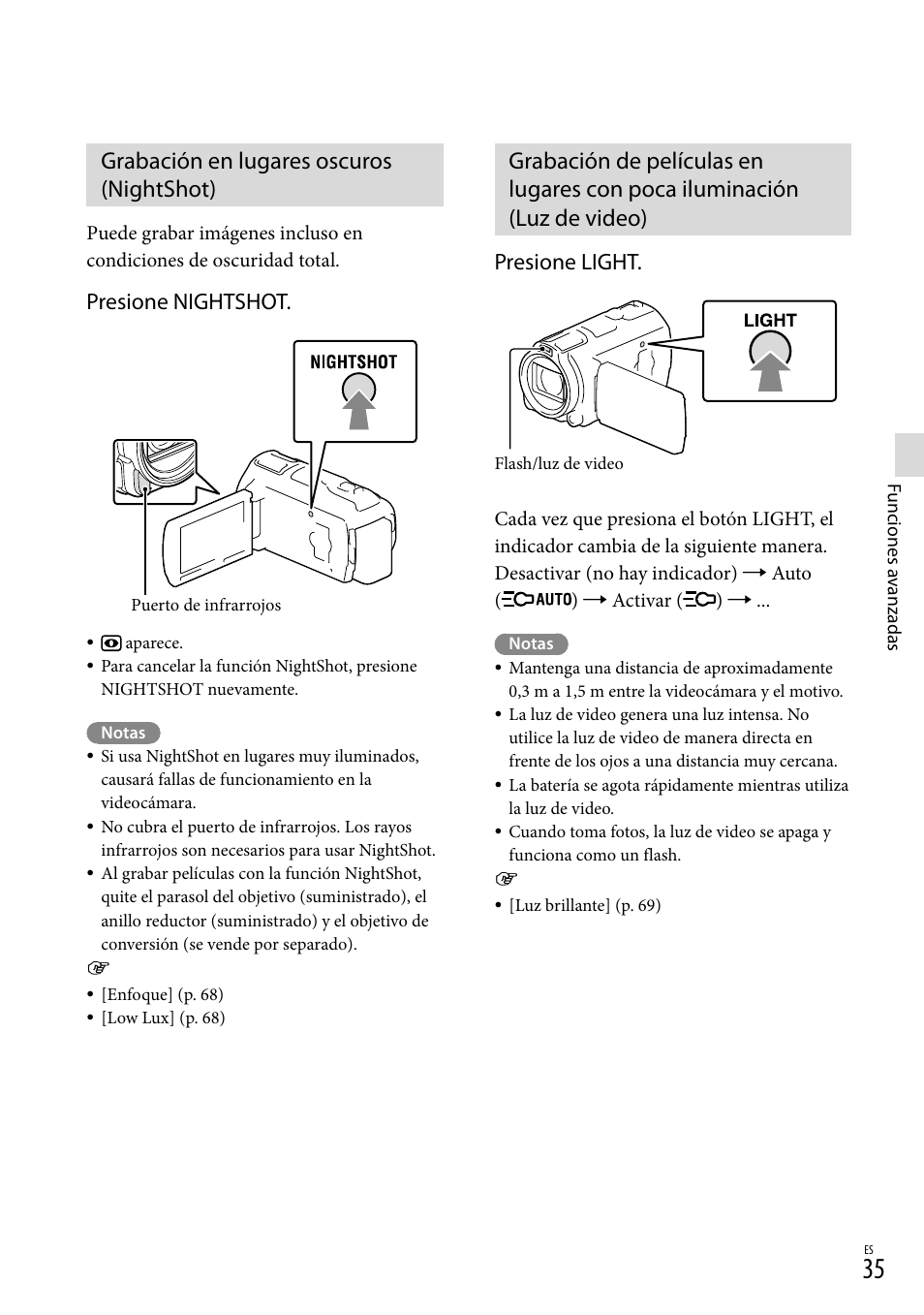 Grabación en lugares oscuros (nightshot), T (35), Presione light | Presione nightshot | Sony HDR-PJ710V User Manual | Page 129 / 191