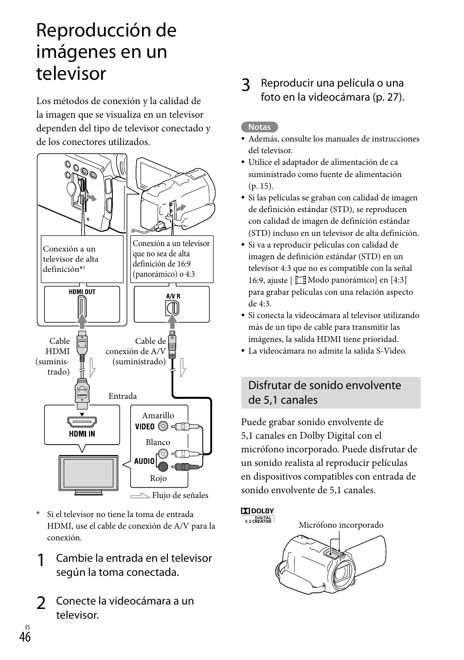 Reproducción de imágenes en un televisor, Disfrutar de sonido envolvente de 5,1 canales, Oma hdmi out (46) | O de a/v (46) | Sony HDR-PJ710V User Manual | Page 140 / 191