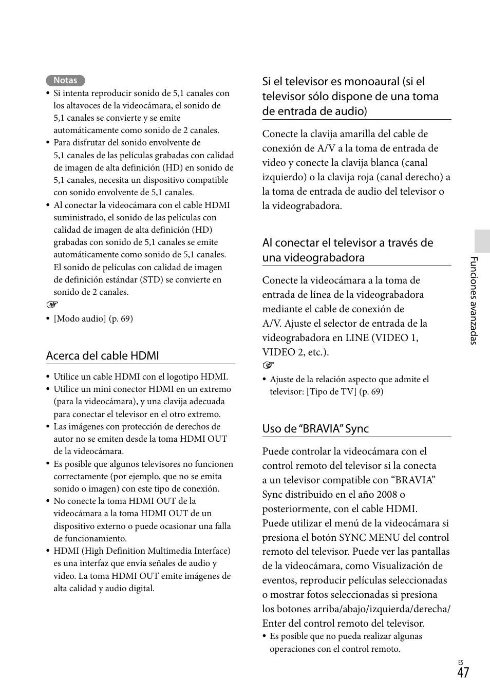 Acerca del cable hdmi, Uso de “bravia” sync | Sony HDR-PJ710V User Manual | Page 141 / 191