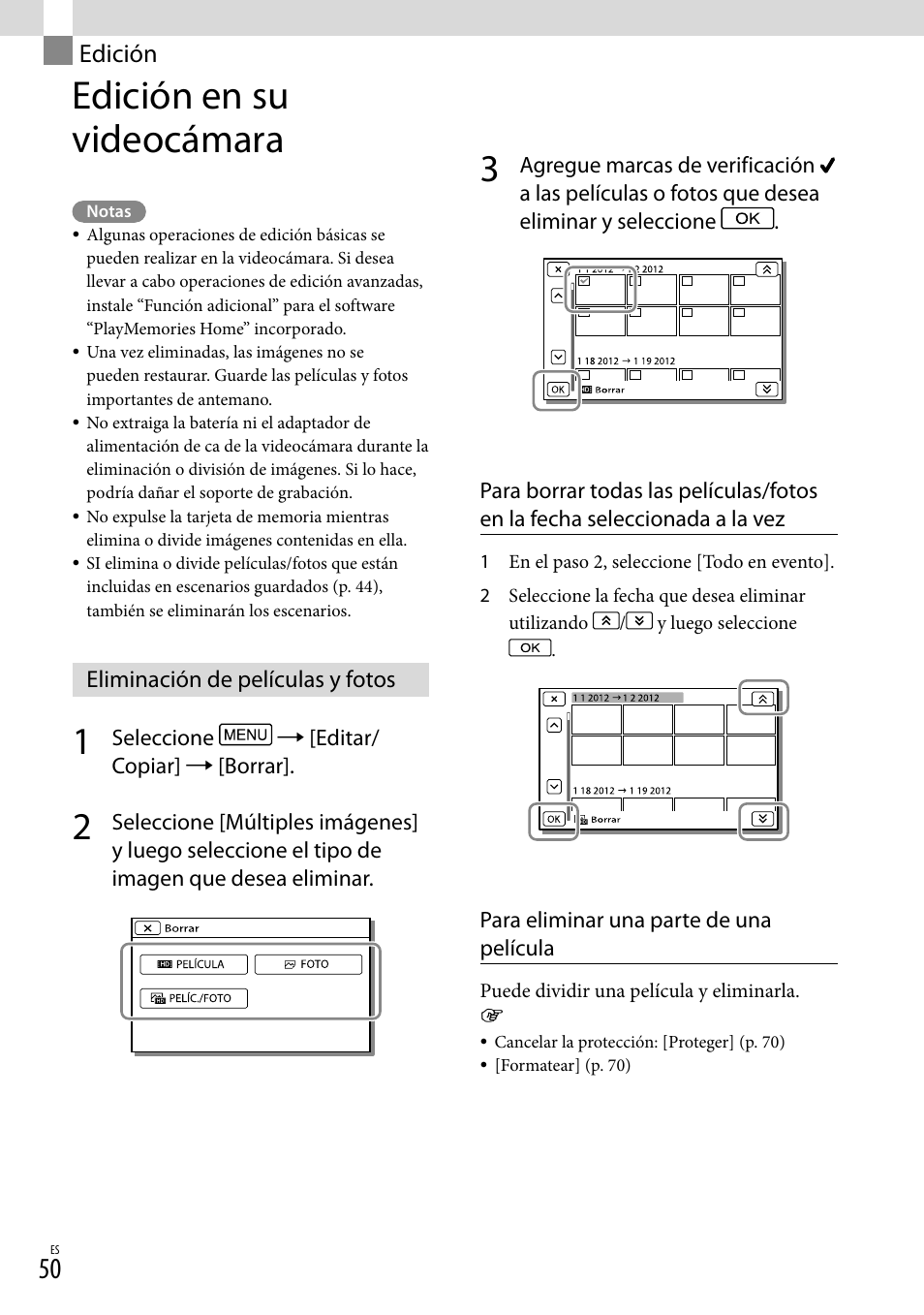 Edición, Edición en su videocámara, Eliminación de películas y fotos | Sony HDR-PJ710V User Manual | Page 144 / 191