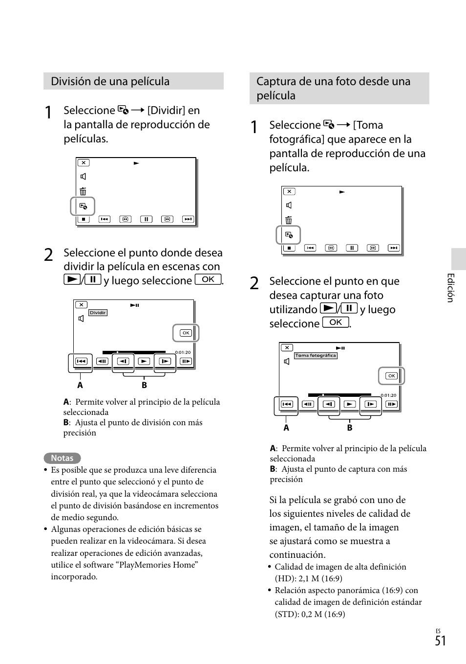 División de una película, Captura de una foto desde una película | Sony HDR-PJ710V User Manual | Page 145 / 191