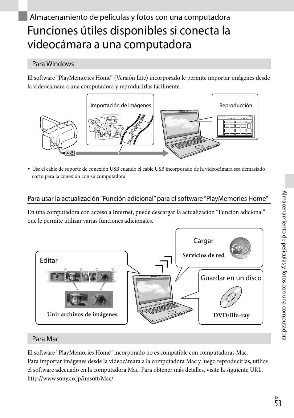 Para windows, Para mac, Almacenamiento de películas y fotos con una | Computadora, Para windows para mac | Sony HDR-PJ710V User Manual | Page 147 / 191