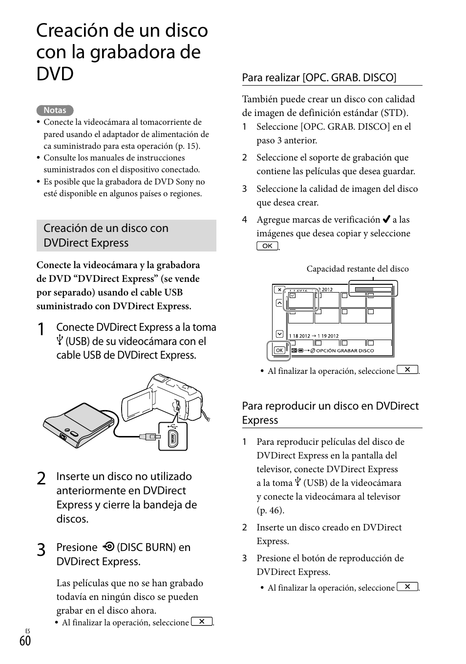 Creación de un disco con la grabadora de dvd, Creación de un disco con dvdirect express, Usb) (60, 63) | Sony HDR-PJ710V User Manual | Page 154 / 191