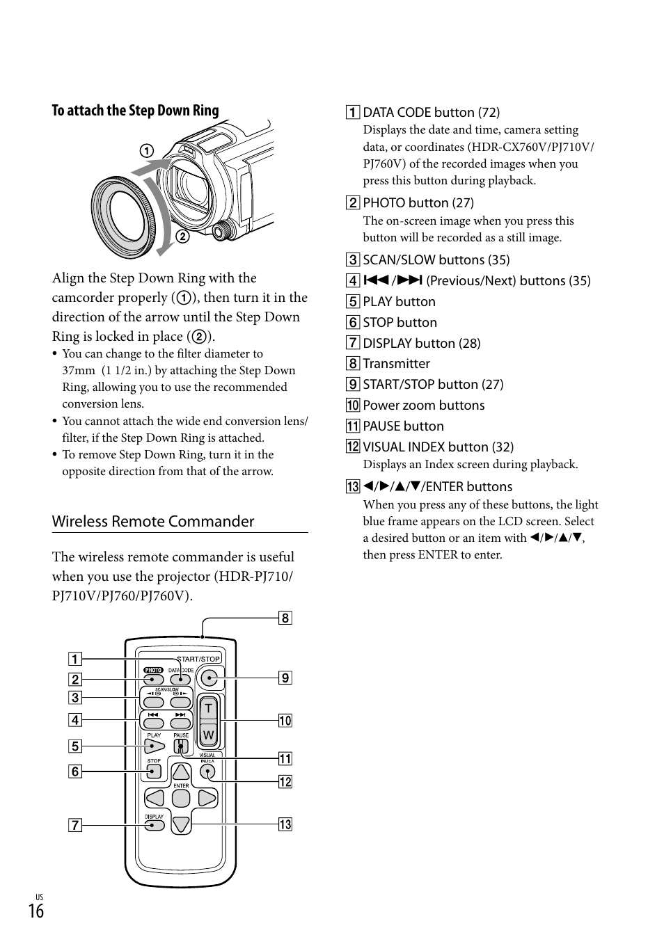 Wireless remote commander | Sony HDR-PJ710V User Manual | Page 16 / 191