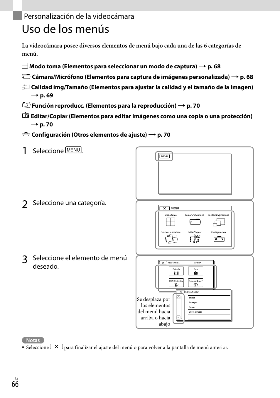 Personalización de la videocámara, Uso de los menús, N menu (66) | Sony HDR-PJ710V User Manual | Page 160 / 191