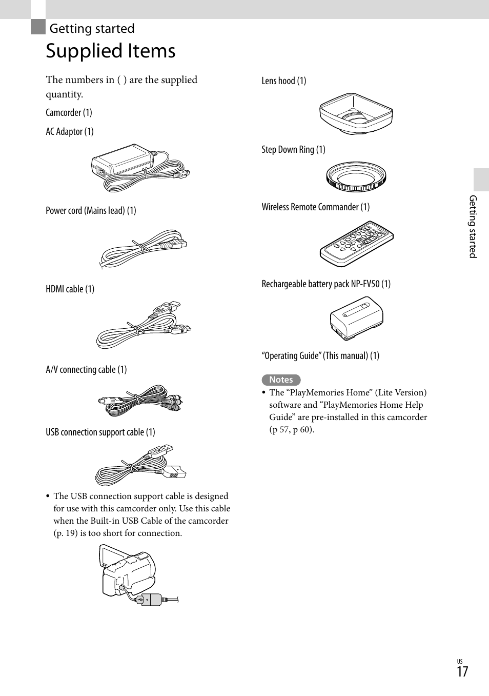 Getting started, Supplied items | Sony HDR-PJ710V User Manual | Page 17 / 191