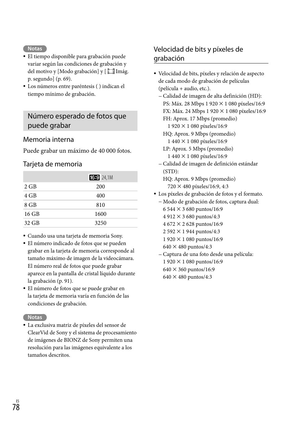 Número esperado de fotos que puede grabar, Velocidad de bits y píxeles de grabación | Sony HDR-PJ710V User Manual | Page 172 / 191