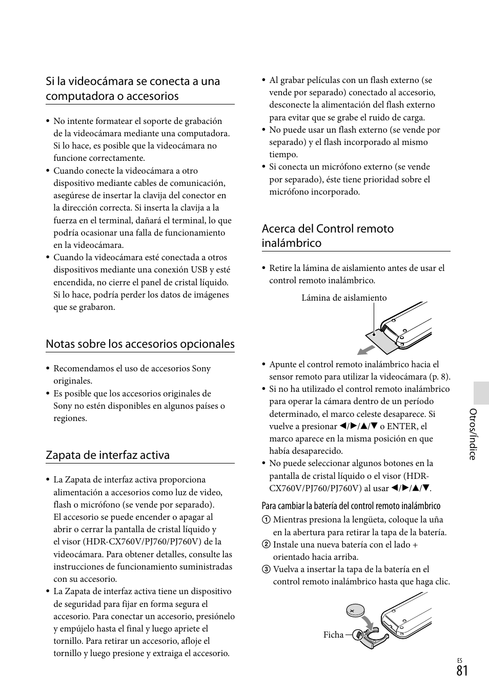 Notas sobre los accesorios opcionales, Zapata de interfaz activa, Acerca del control remoto inalámbrico | Sony HDR-PJ710V User Manual | Page 175 / 191