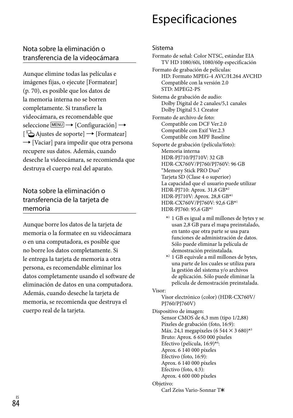 Especificaciones | Sony HDR-PJ710V User Manual | Page 178 / 191