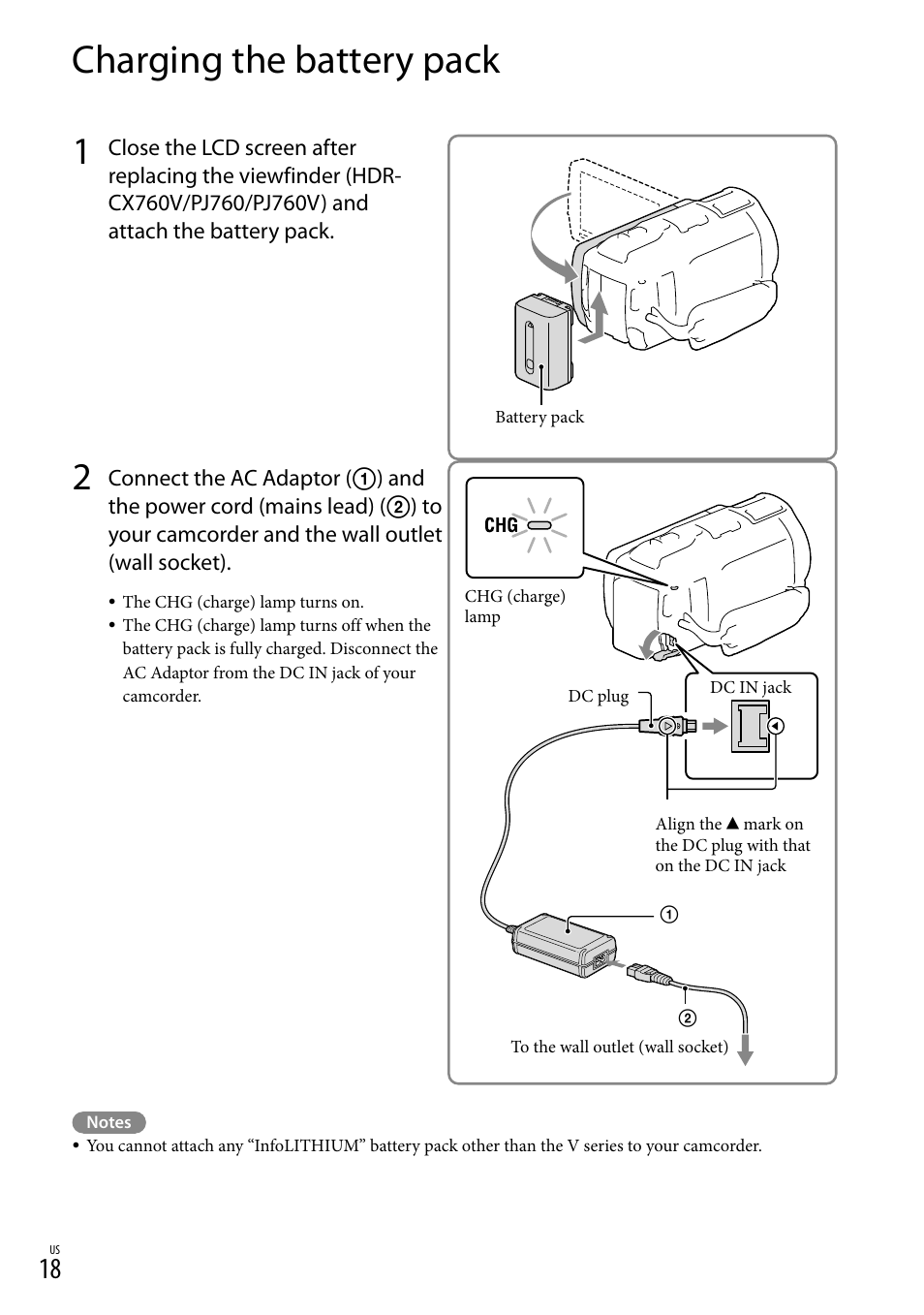 Charging the battery pack, Ge) lamp (18), Y pack (18) | Dc in jack (18) | Sony HDR-PJ710V User Manual | Page 18 / 191