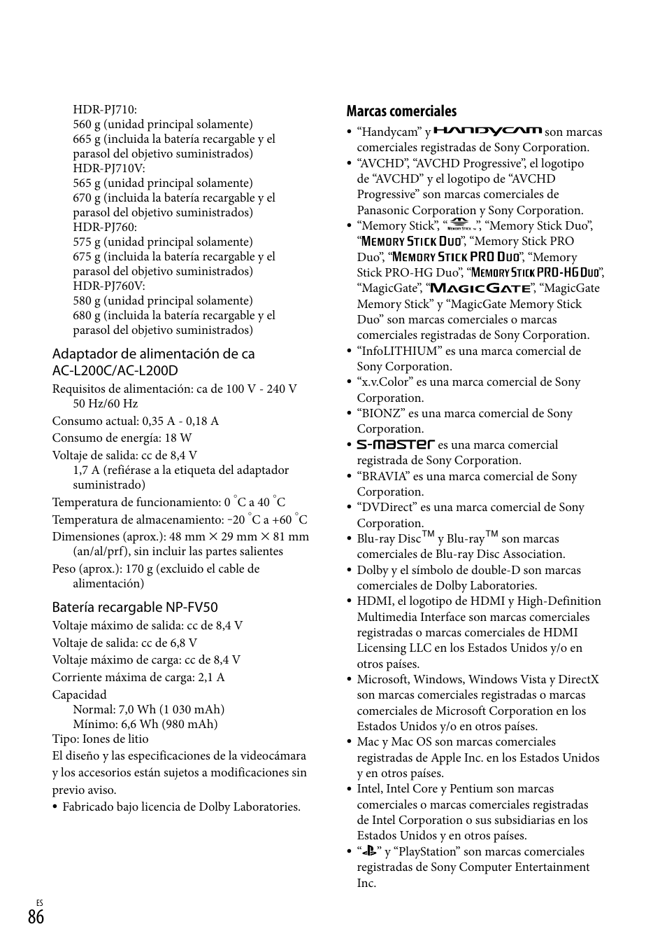 Marcas comerciales, Batería recargable np-fv50 | Sony HDR-PJ710V User Manual | Page 180 / 191