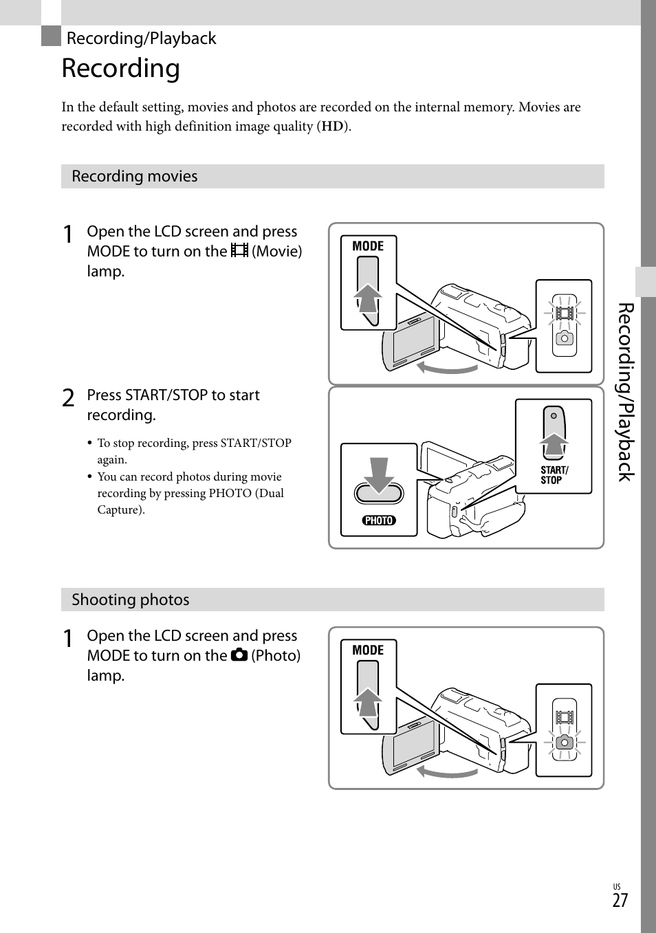 Recording/playback, Recording, Recording movies | Shooting photos, 27) o, Recording movies shooting photos, Lamp (27), On (27), 27) a, Rec or ding/p la yback | Sony HDR-PJ710V User Manual | Page 27 / 191