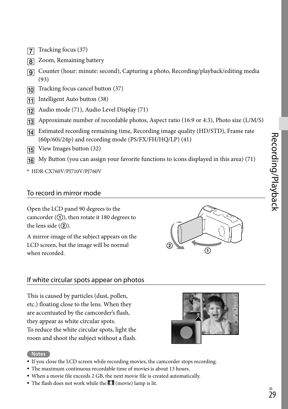 Rec or ding/p la yback | Sony HDR-PJ710V User Manual | Page 29 / 191