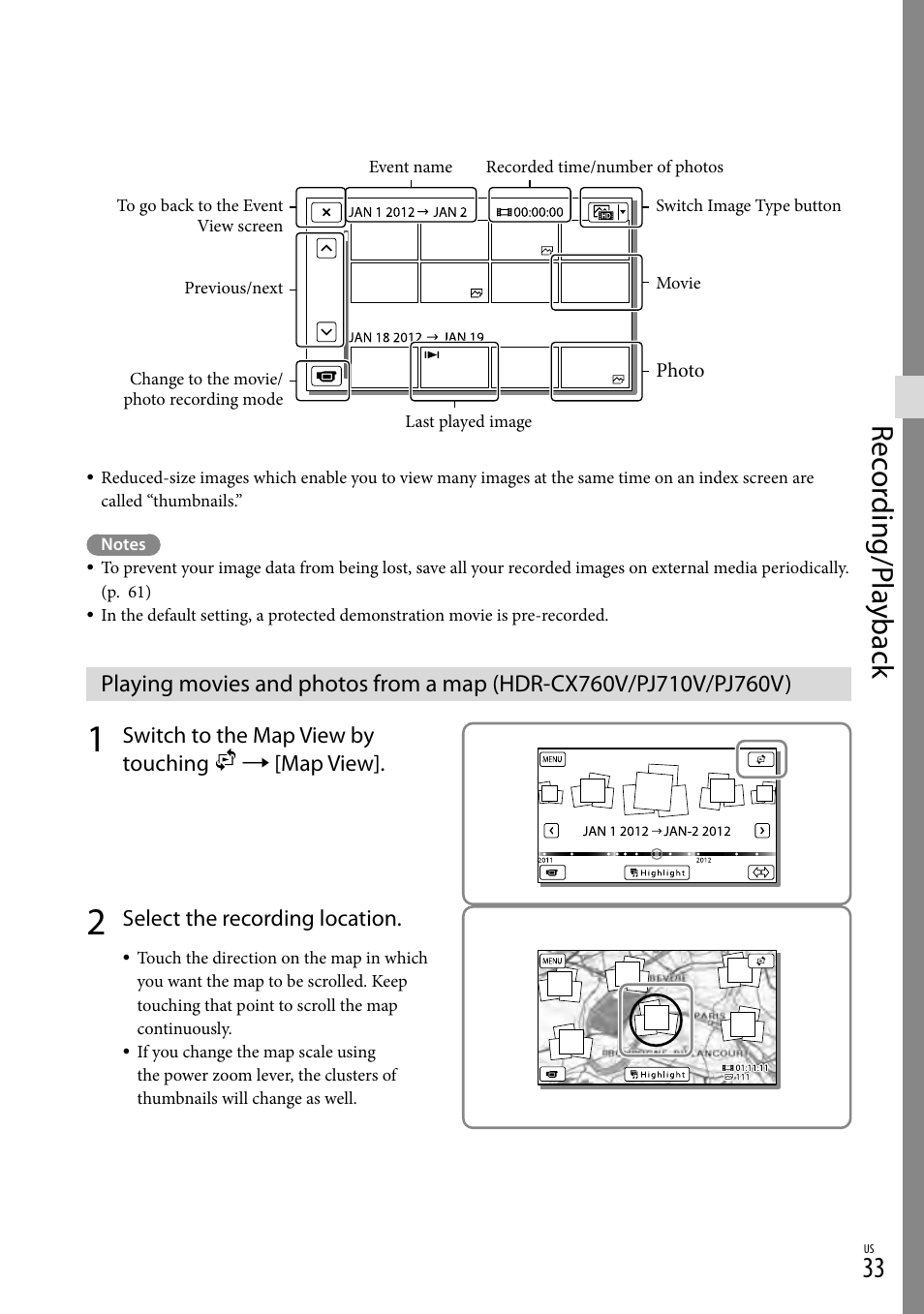 Rec or ding/p la yback | Sony HDR-PJ710V User Manual | Page 33 / 191