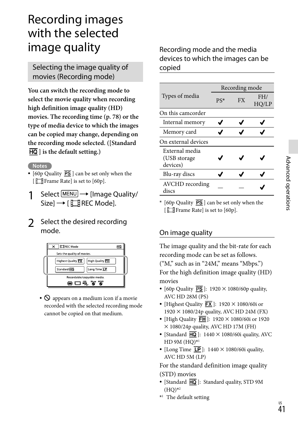 Recording images with the selected image quality, Q/lp) (41), Select  [image quality/ size]  [ rec mode | Select the desired recording mode, On image quality | Sony HDR-PJ710V User Manual | Page 41 / 191