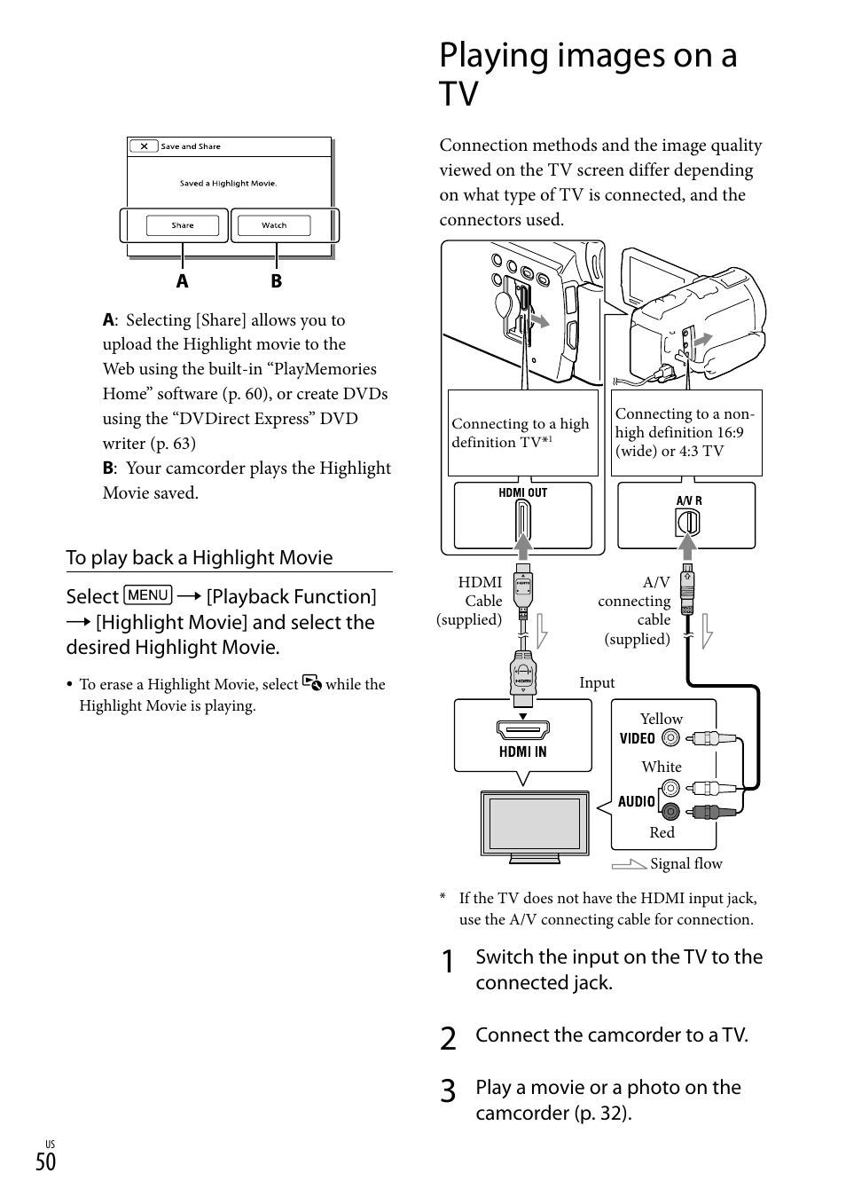 Playing images on a tv, Hdmi out jack (50), Or (50) | Sony HDR-PJ710V User Manual | Page 50 / 191