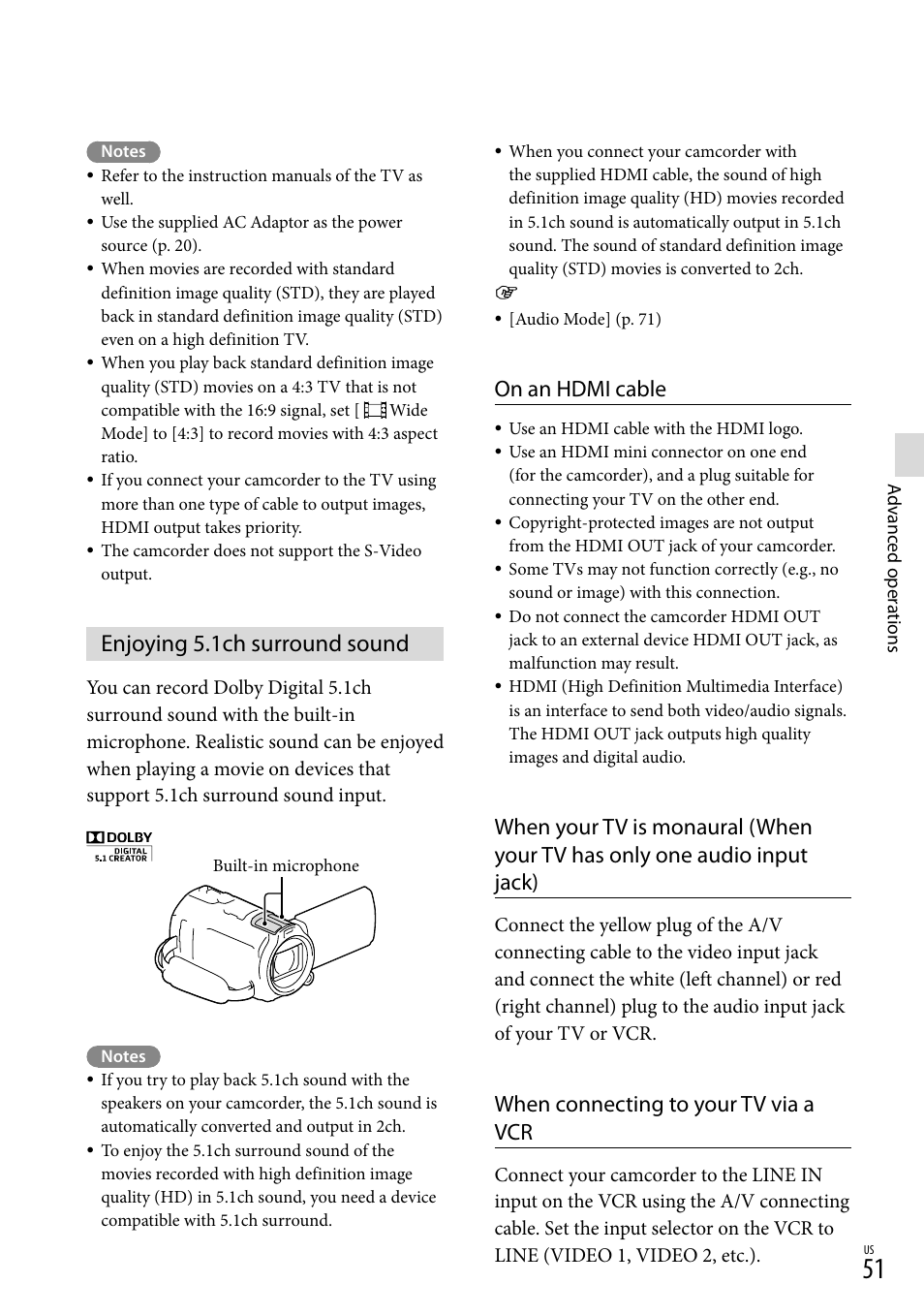 Enjoying 5.1ch surround sound, On an hdmi cable, When connecting to your tv via a vcr | Sony HDR-PJ710V User Manual | Page 51 / 191