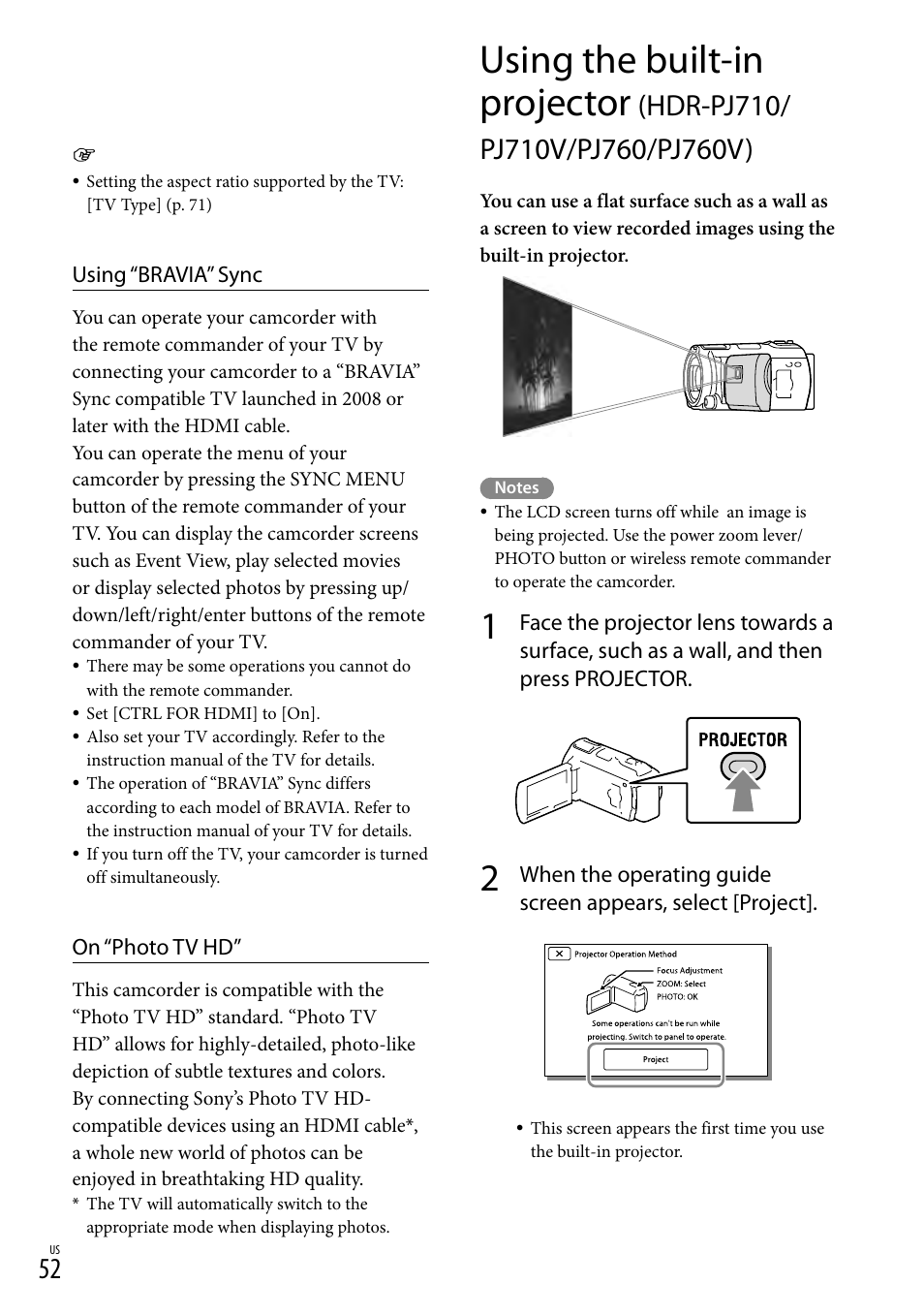 Using the built-in projector, Hdr-pj710/pj710v/pj760/pj760v), Or lens (52) | Er (52), On (52) (hdr-p | Sony HDR-PJ710V User Manual | Page 52 / 191