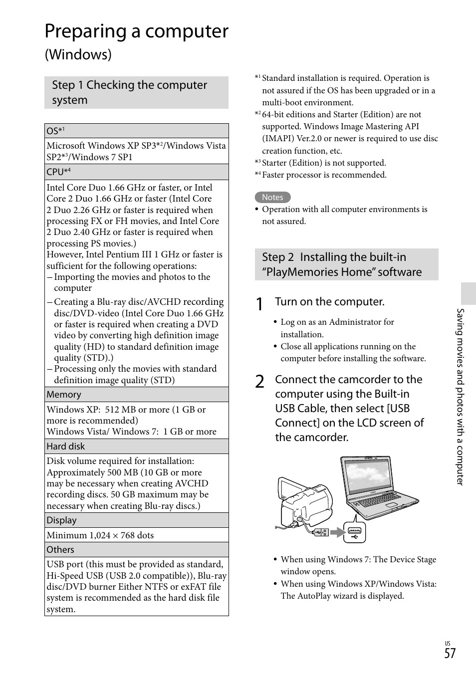 Preparing a computer (windows), Step 1 checking the computer system, Preparing a computer | Windows), Turn on the computer | Sony HDR-PJ710V User Manual | Page 57 / 191