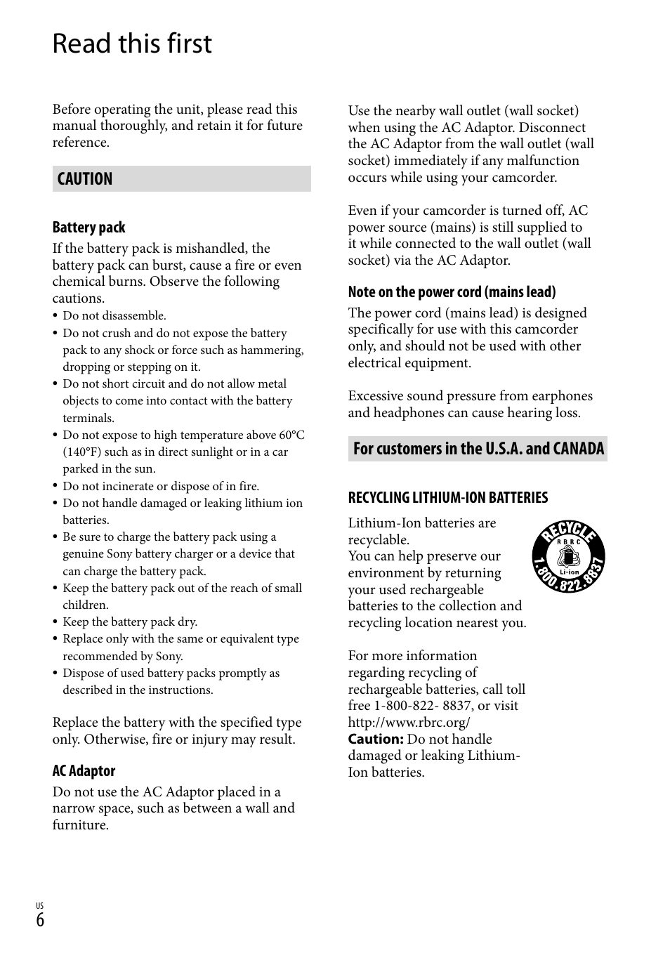 Read this first, Caution, For customers in the u.s.a. and canada | Sony HDR-PJ710V User Manual | Page 6 / 191