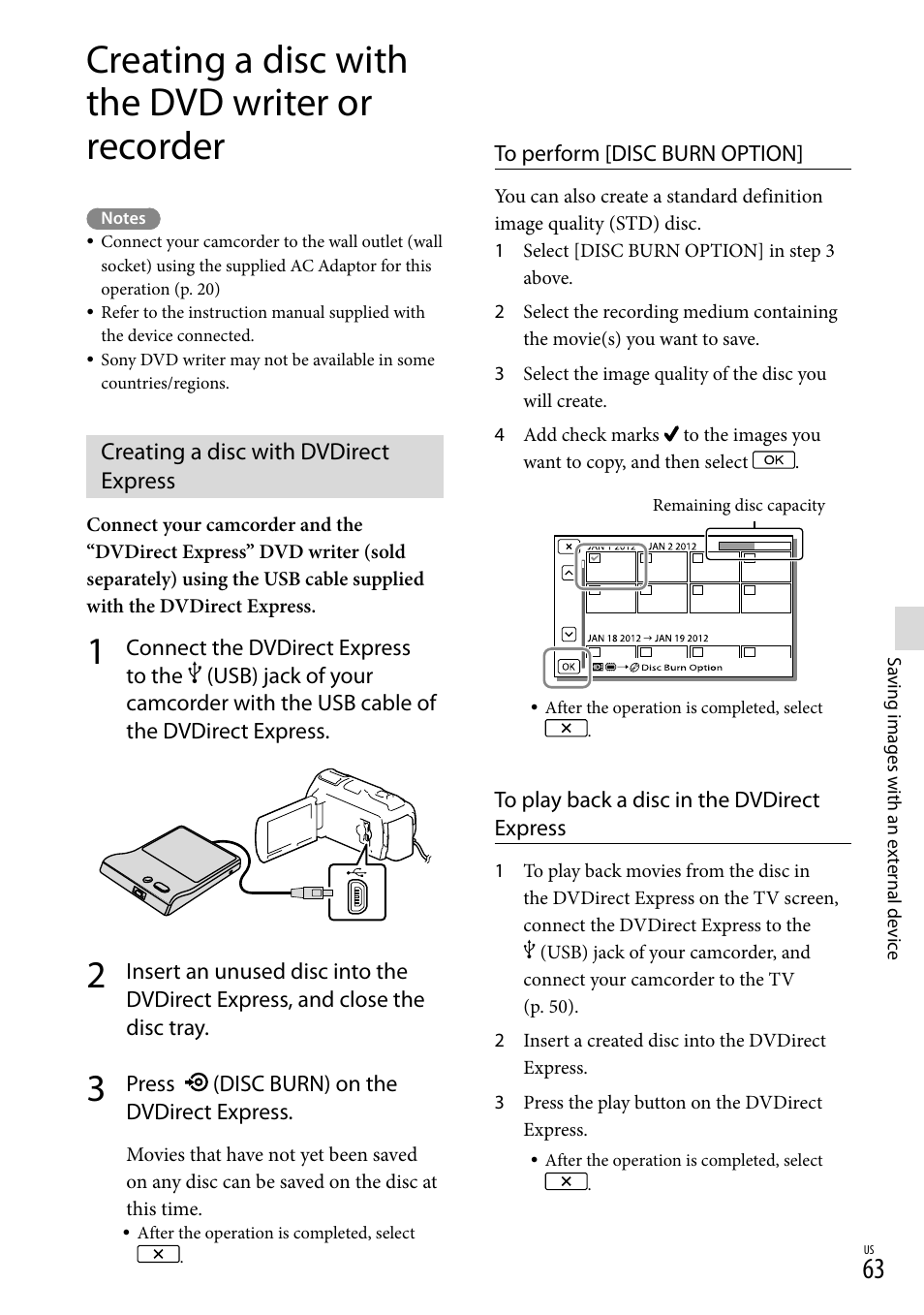 Creating a disc with the dvd writer or recorder, Creating a disc with dvdirect express, Usb) jack (63, 66) | Sony HDR-PJ710V User Manual | Page 63 / 191